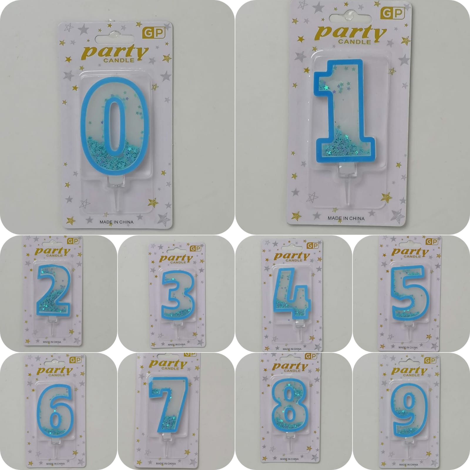 شمع عيد ميلاد للتورته شفاف بالترتر لون لبني ارقام من 0 الي 9