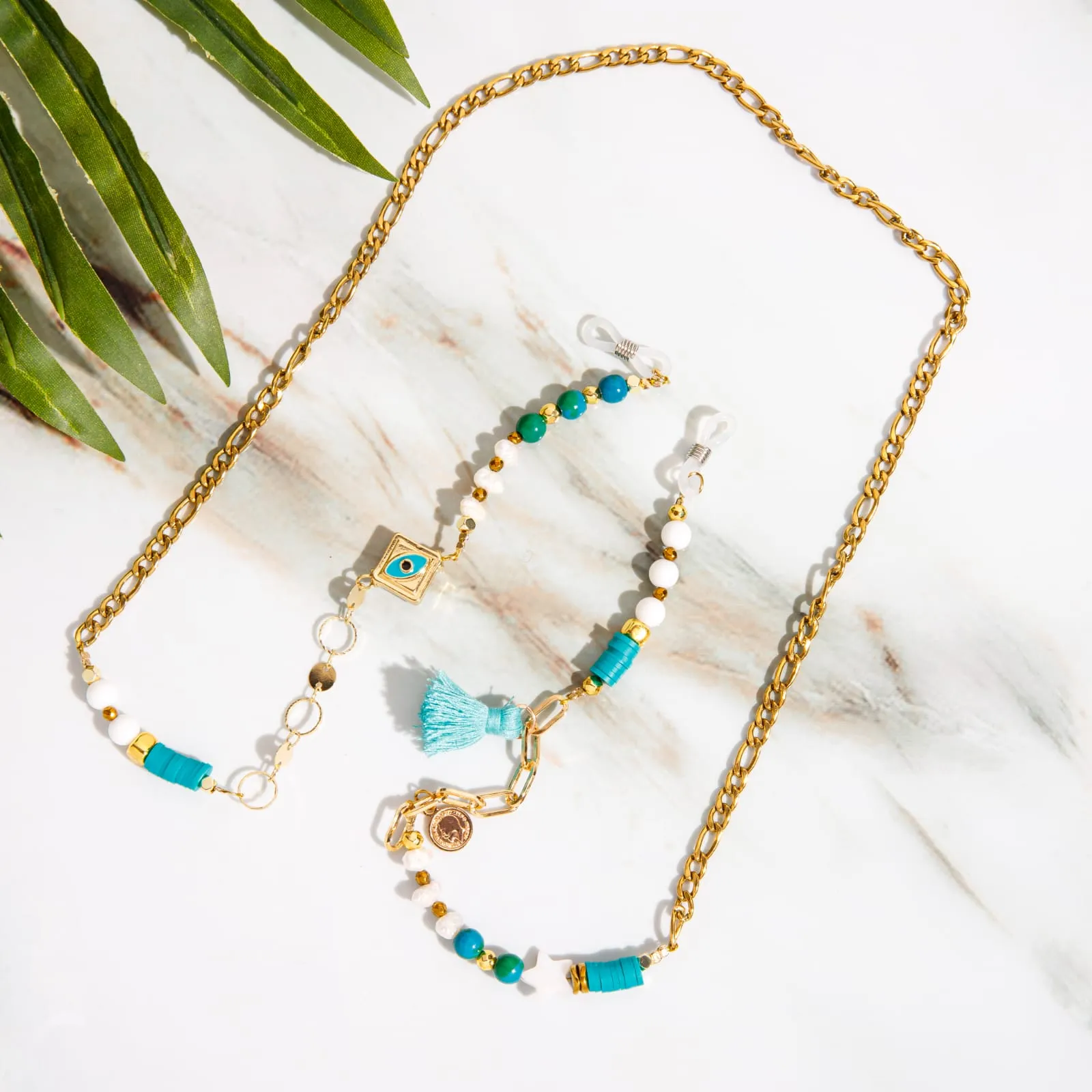 سلسلة ذهبية مضادة للصدا بالخرز الملون الازرق